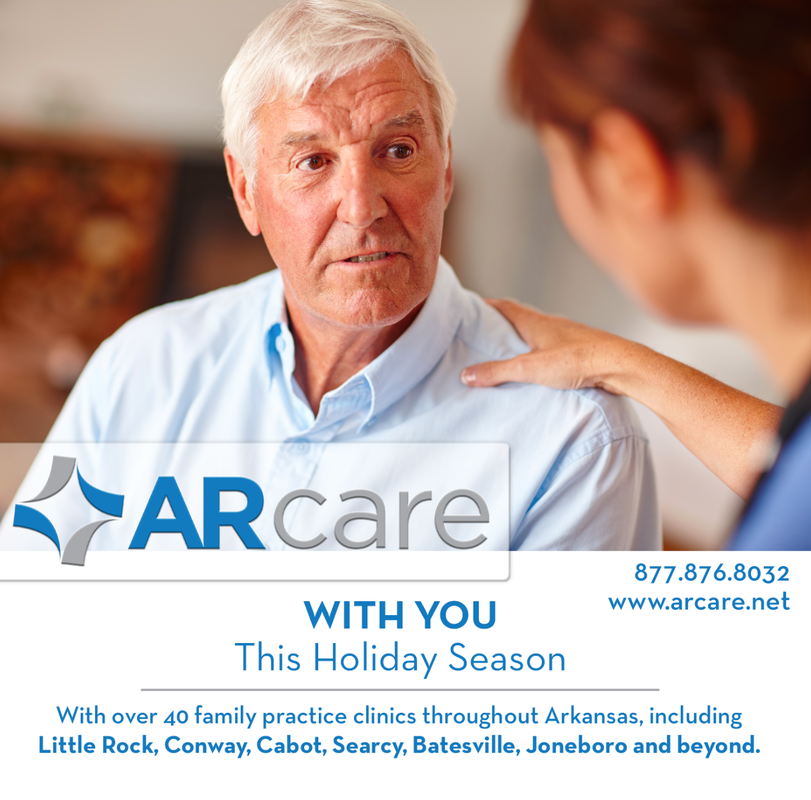An advertisement for arcare shows an older man talking to a nurse