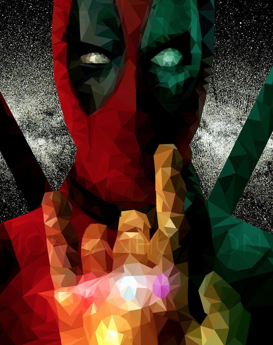 A low poly drawing of deadpool holding the infinity gauntlet