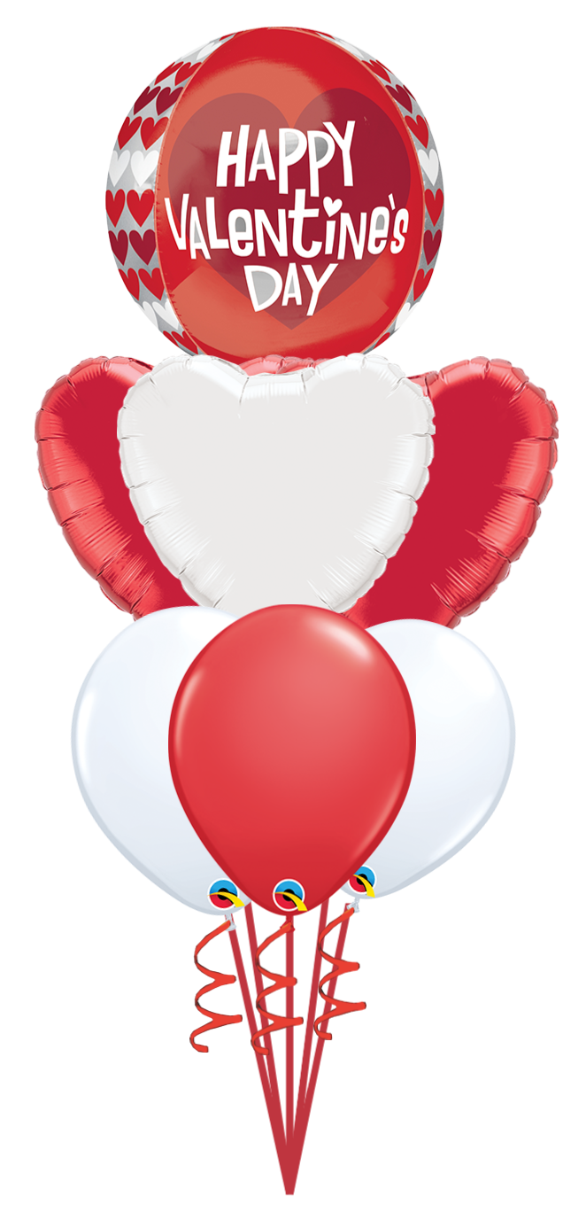 a bunch of red and white balloons with the words happy valentine 's day on them