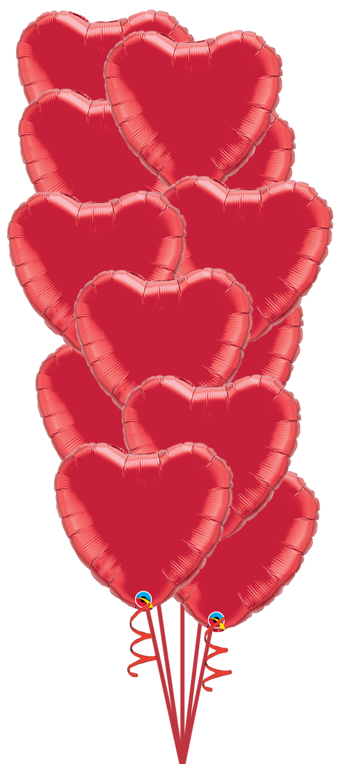 a bunch of red heart shaped balloons stacked on top of each other