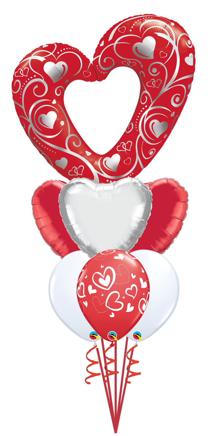 a bunch of red and white balloons in the shape of hearts