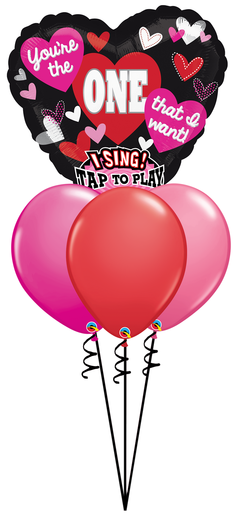a bouquet of balloons with a heart shaped balloon that says you 're the one that i want