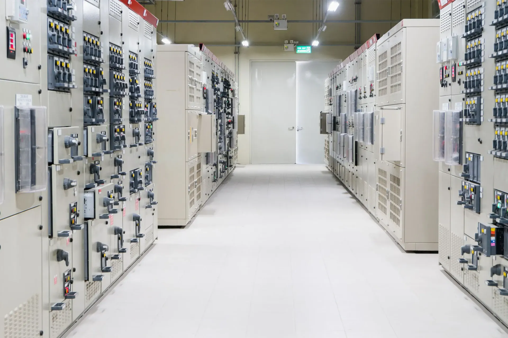 Electrical control panels line a bright, clean corridor; white panels, gray floor, overhead lighting.