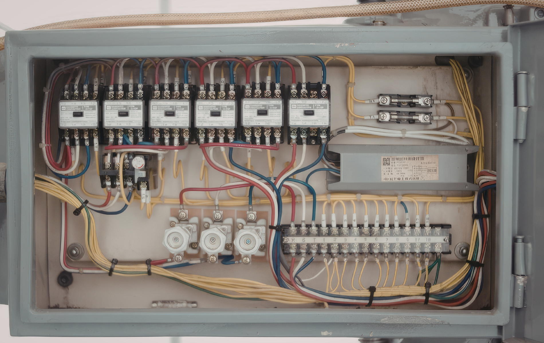Electrical control panel with wires, relays, and components.
