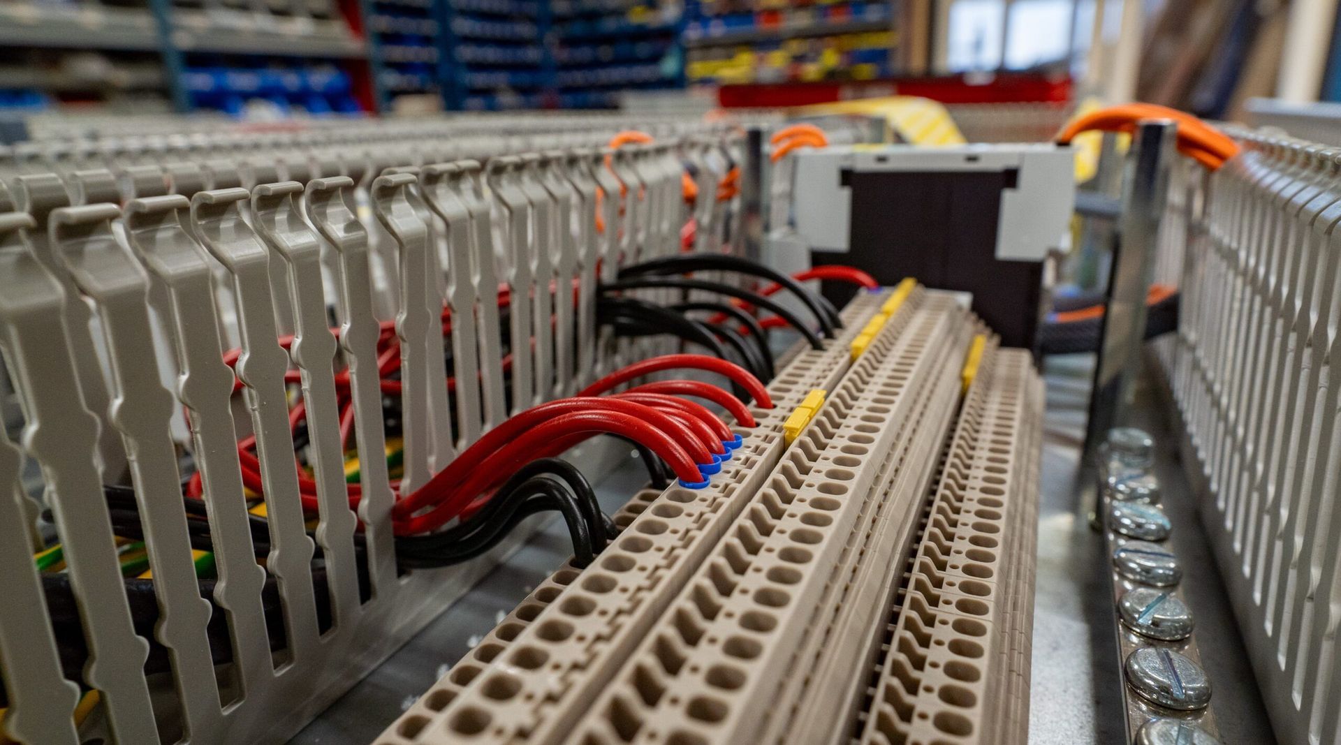 Wiring harness with red, black, and blue wires connected to terminal blocks in an industrial setting.