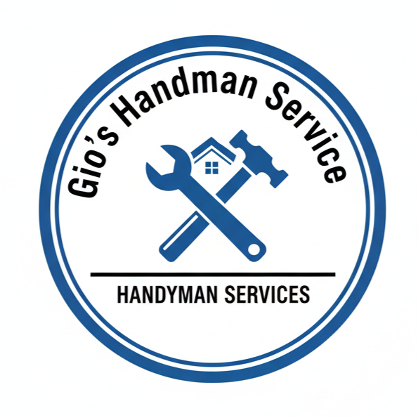 Blue and white circular logo for Gio's Handyman Service. Features crossed wrench and hammer, house icon, and text.
