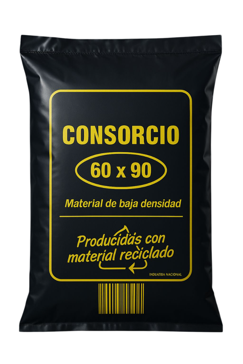 Black garbage bag with yellow text. Reads "CONSORCIO 60 x 90," "Material de baja densidad"