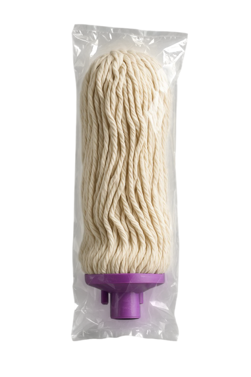 Repuesto de cabezal de fregona, hebras de algodón, en bolsa de plástico transparente. Collar morado.