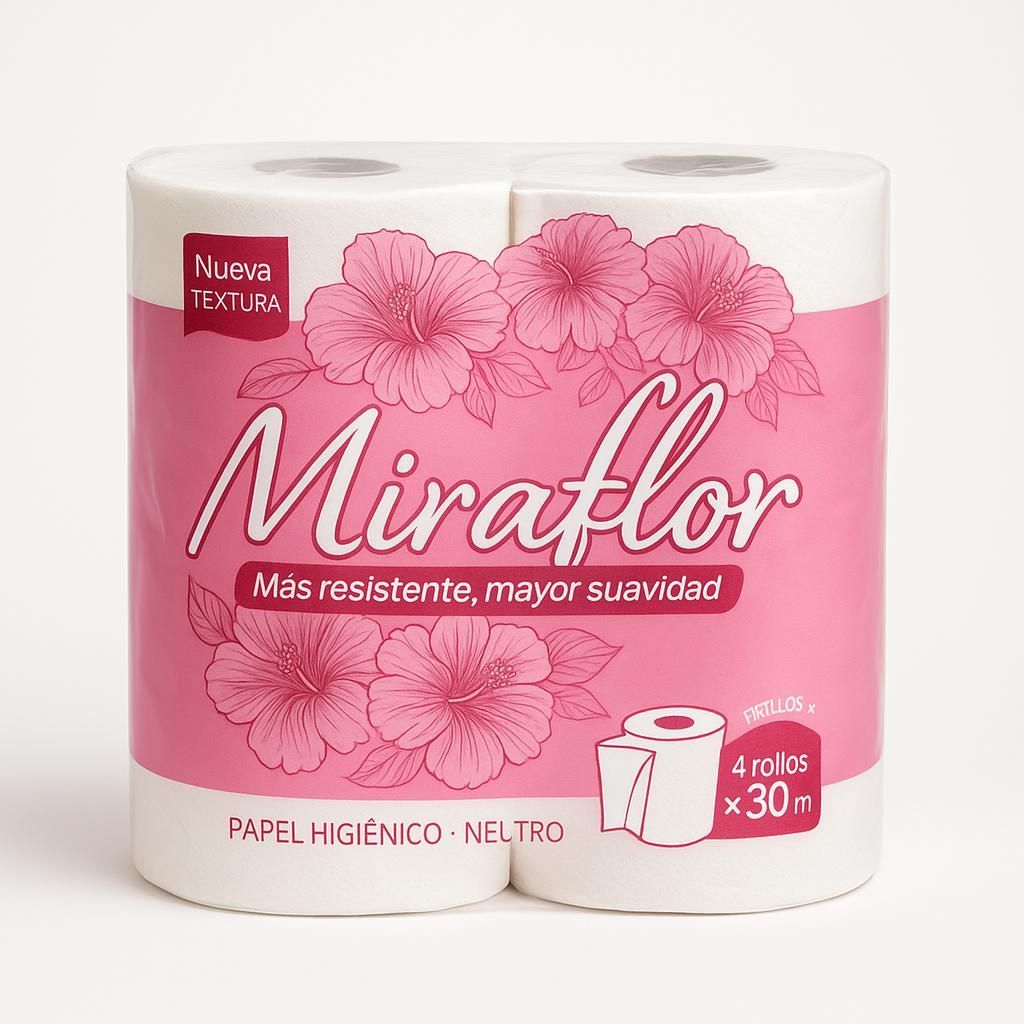 Paquete de papel higiénico Mirafloor rosa y blanco con diseño floral. Contiene cuatro rollos.