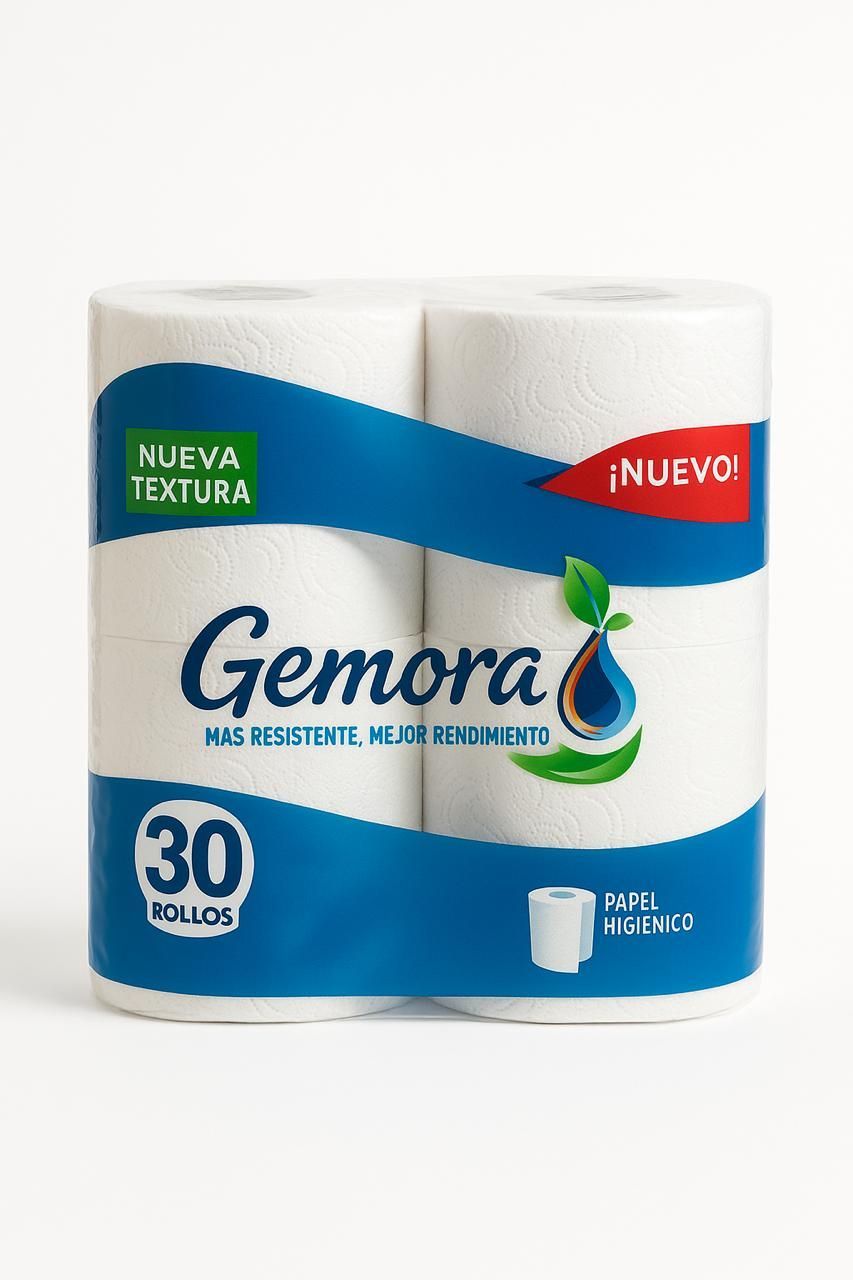 Dos rollos de toallas de papel Gemora con empaque azul y blanco, con texto y un logotipo de gota de agua.