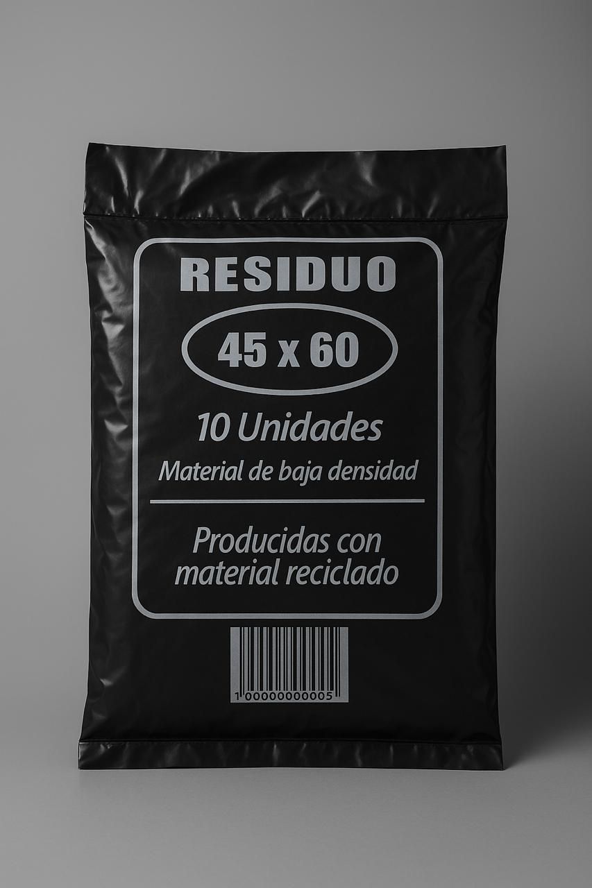 Black trash bag packaging with white text: "RESIDUO" "45 x 60"..