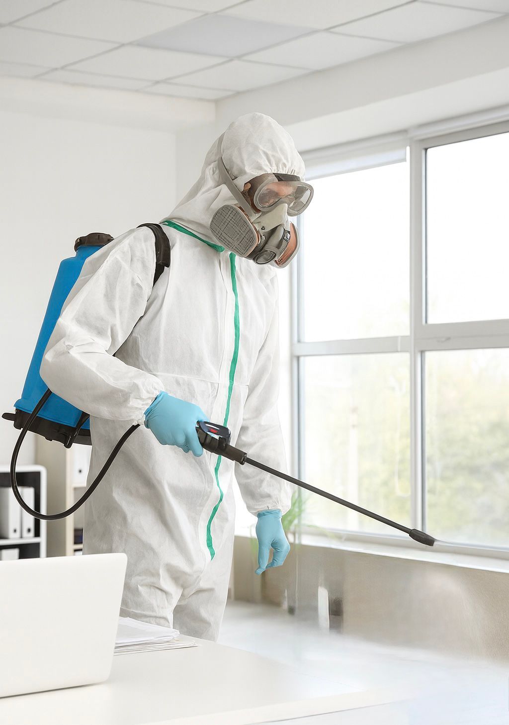 Persona con traje de protección rociando desinfectante en una oficina.