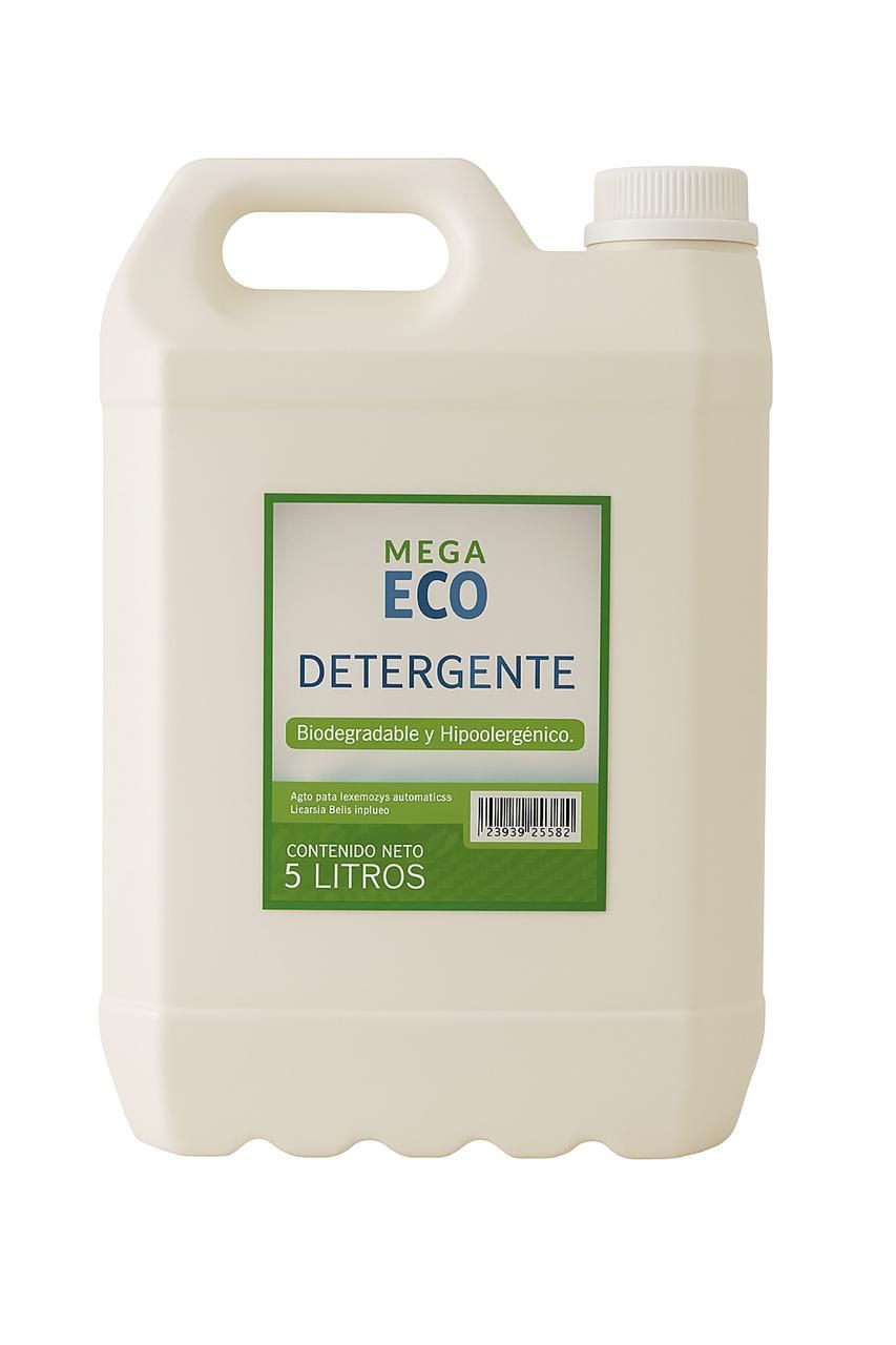 Jarra blanca de detergente con etiqueta verde que dice "MEGA ECO DETERGENTE". Asa en la parte superior.