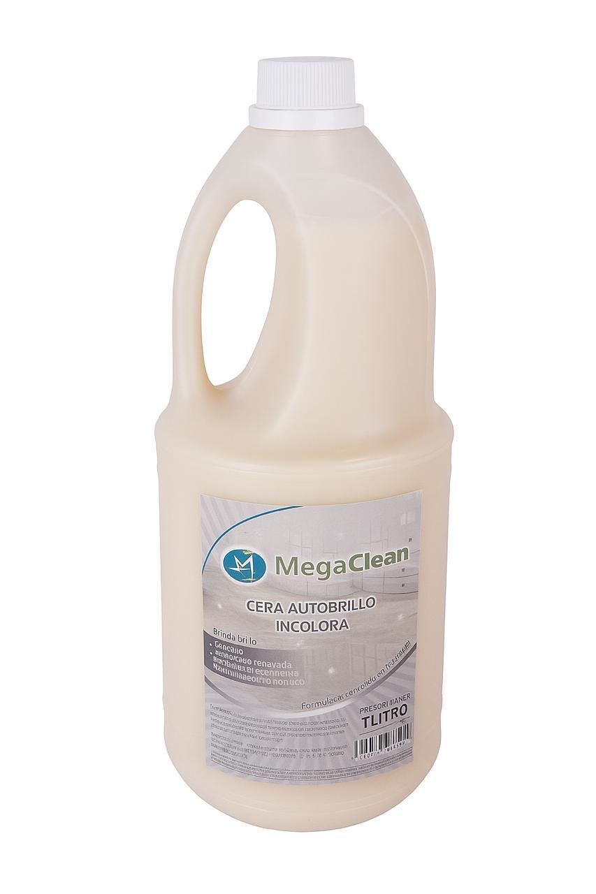 Botella de jabón líquido para manos MegaClean, color beige claro, con tapa y asa blancas.