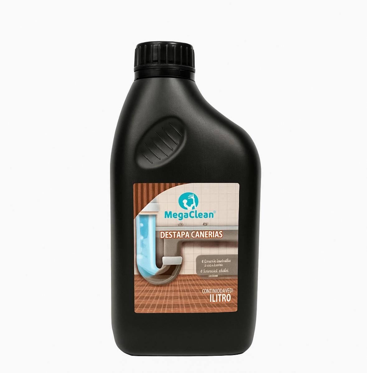 Botella negra de limpiador de desagües MogaClean.