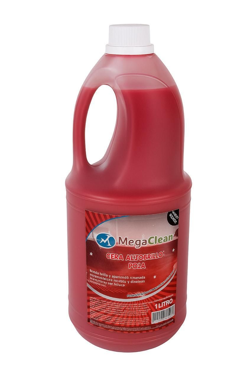 Botella roja de limpiador líquido con tapa y asa blancas. Etiqueta MegaClean visible.