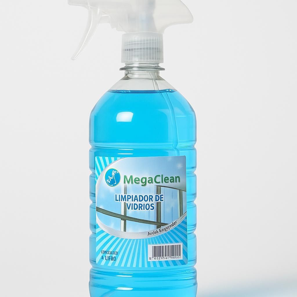 Botella de limpiacristales MegaClean azul.