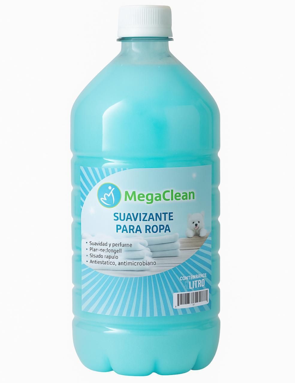 Botella azul claro de suavizante de telas MegaClean.