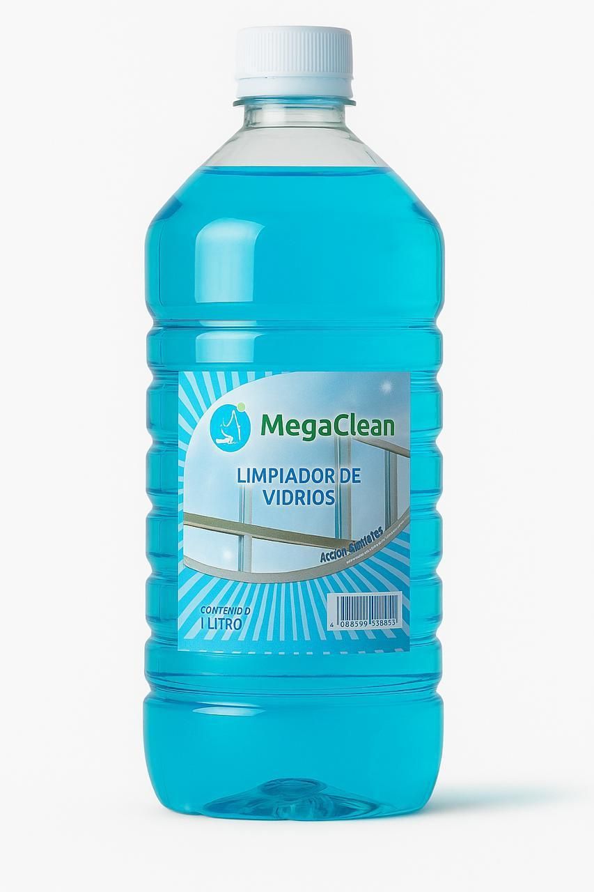 Botella de limpiacristales MegaClean azul.