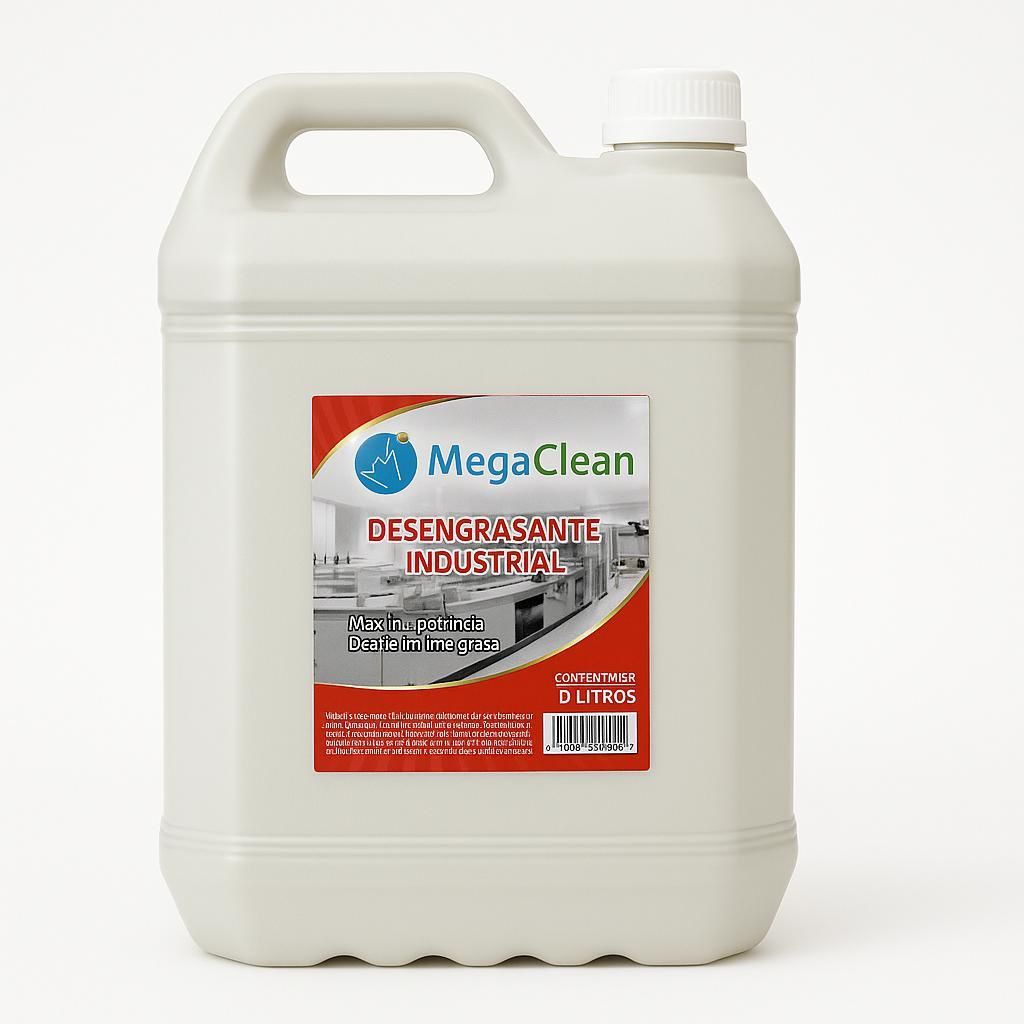 Envase blanco de desengrasante industrial con etiqueta: MegaClean, DESENGRASANTE INDUSTRIAL.