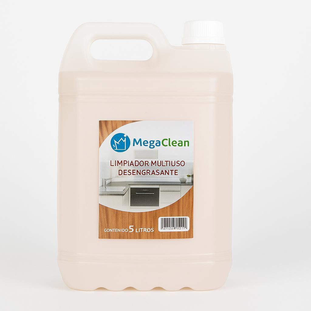 Botella de limpiador desengrasante multiusos MegaClean rojo con tapón blanco sobre fondo blanco.