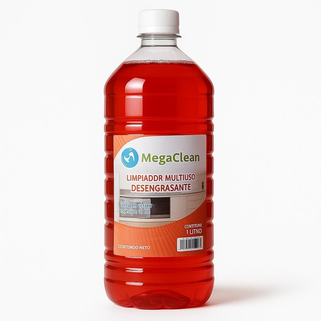 Botella de limpiador desengrasante multiusos MegaClean rojo con tapón blanco sobre fondo blanco.