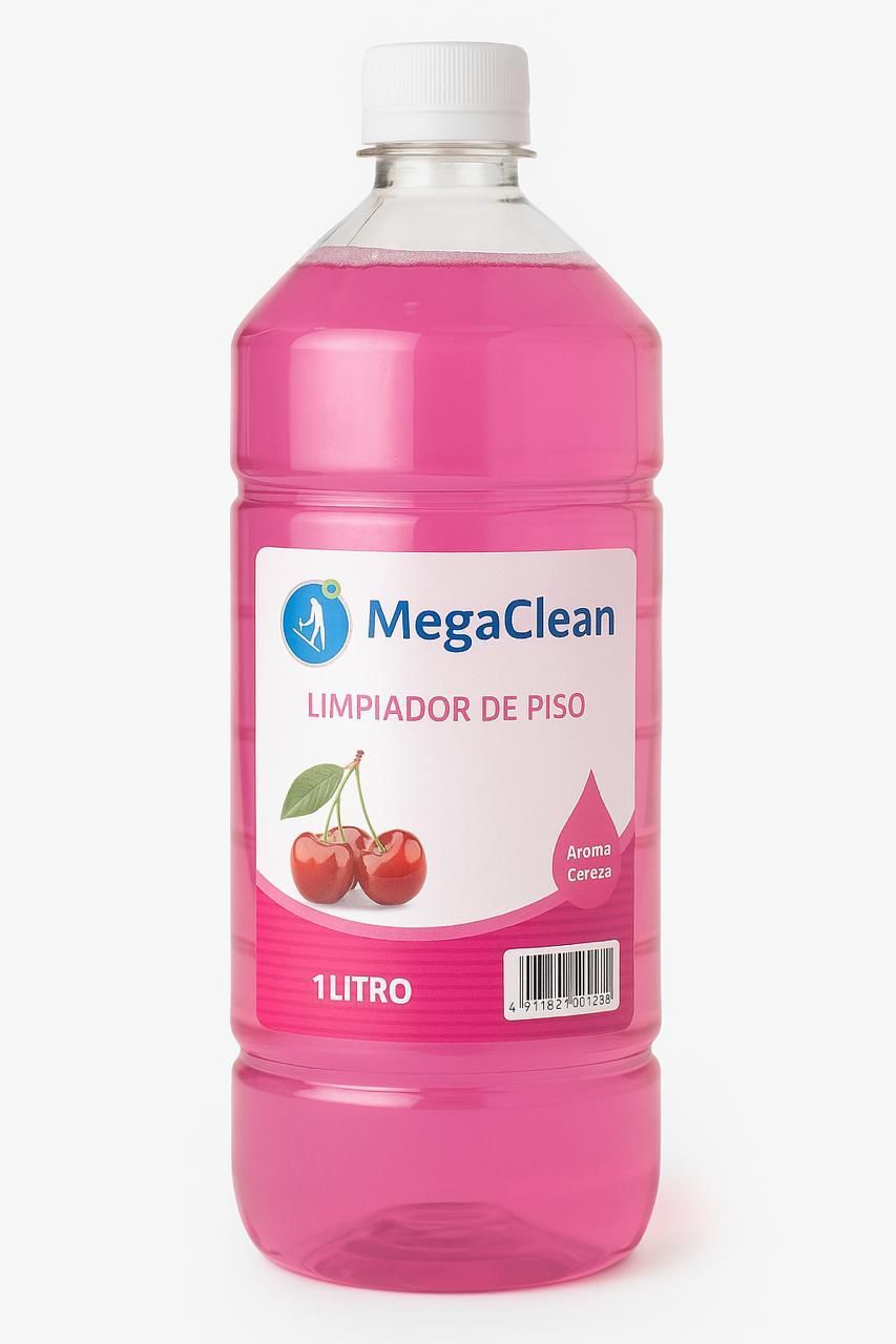 Limpiador de suelos MegaClean rosa en botella de plástico transparente. Contiene 1 litro, aroma a cereza.