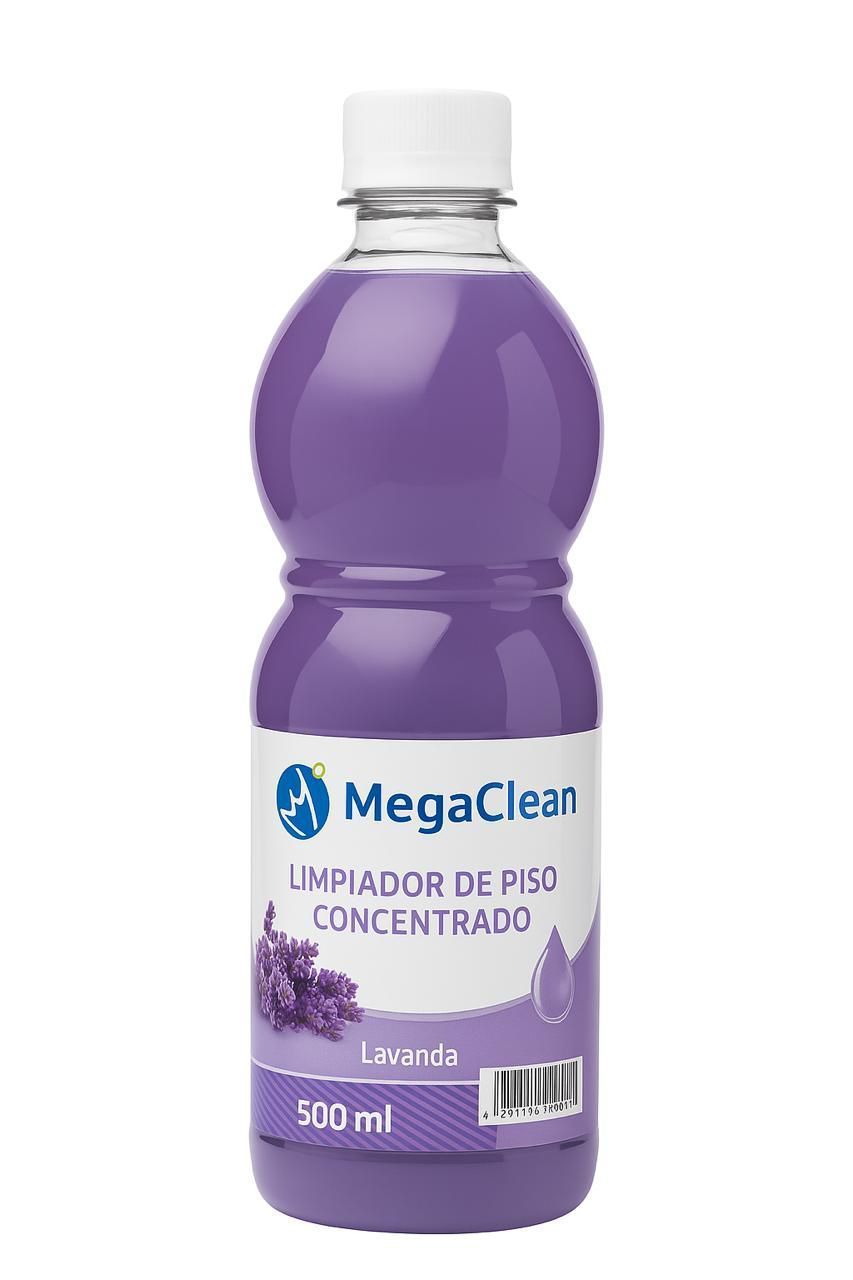 Botella de limpiador de suelos concentrado MegaClean, aroma a lavanda, líquido morado, tapón blanco, 500 ml.