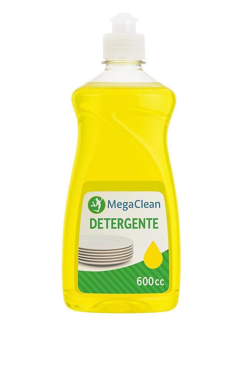 Botella amarilla de jabón para platos MegaClean con tapón dispensador. 600 cc.