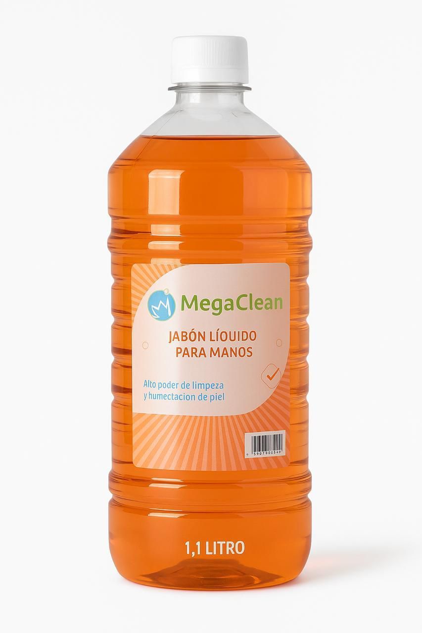 Botella de limpiador líquido naranja etiquetada como "MegaClean" en español, 1 litro.