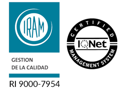 Logotipos de IRAM e IQNet, que denotan gestión de calidad certificada, con elementos azules y negros.