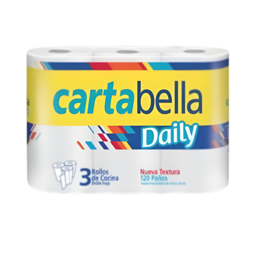 Paquete de tres rollos de papel de cocina Cartabella Daily; envase amarillo y blanco.