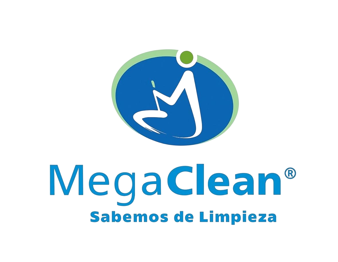 Logotipo de MegaClean, que muestra una figura humana con una herramienta de limpieza dentro de un óvalo azul y verde.