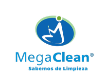 Logotipo de MegaClean, que muestra una figura humana con una herramienta de limpieza dentro de un óvalo azul y verde.