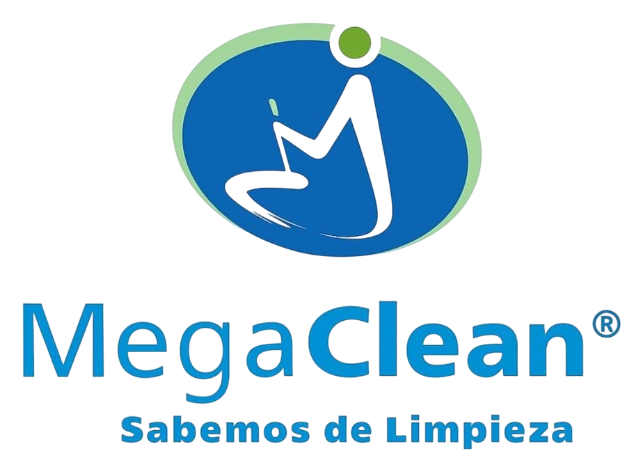 Logotipo de MegaClean: Óvalo azul con una persona fregando, borde verde, texto azul