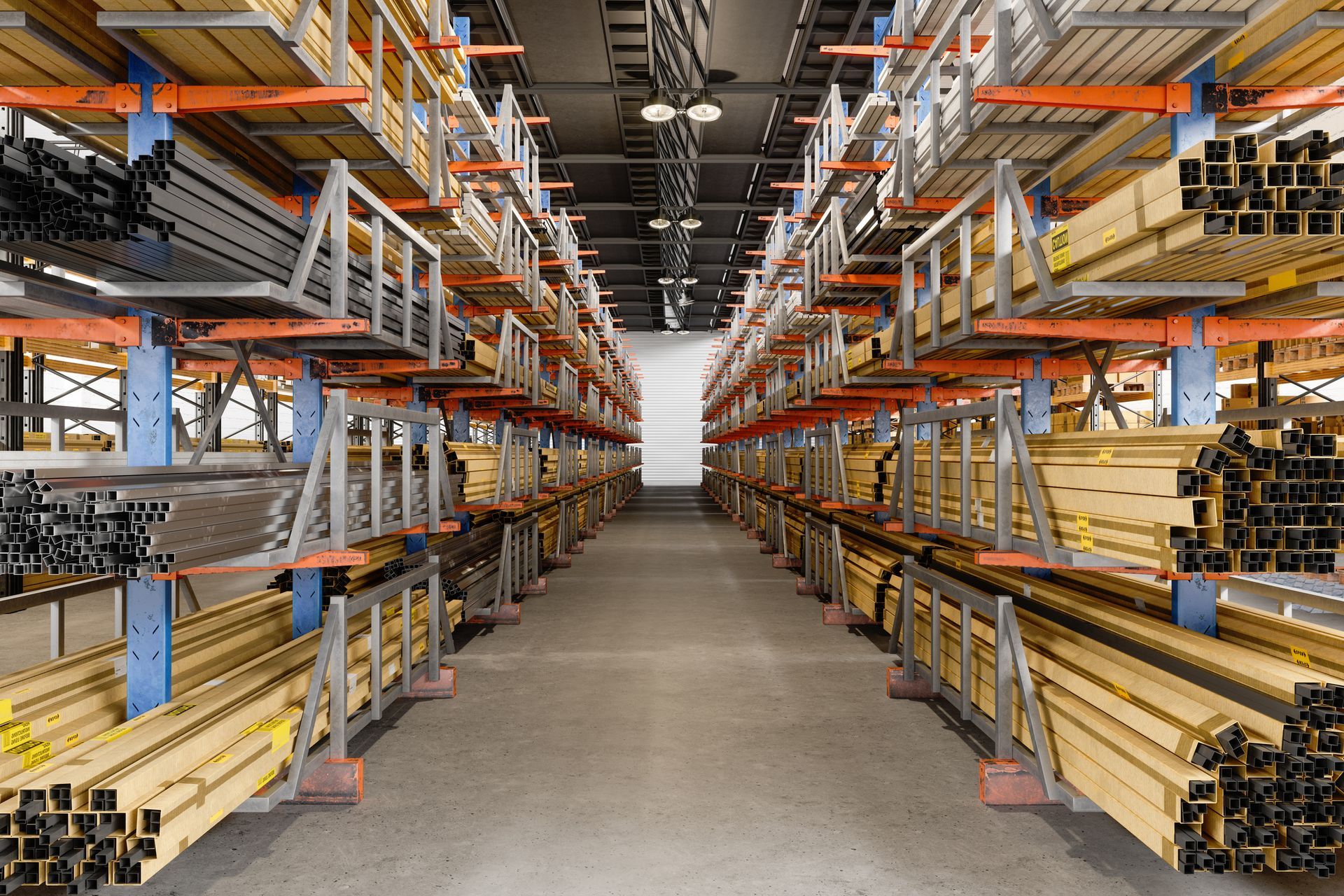 Warehouse with long rows of metal beams and shelving, blue supports, concrete floor, and a central aisle. Warehouse with long rows of metal beams and shelving, blue supports, concrete floor, and a central aisle.