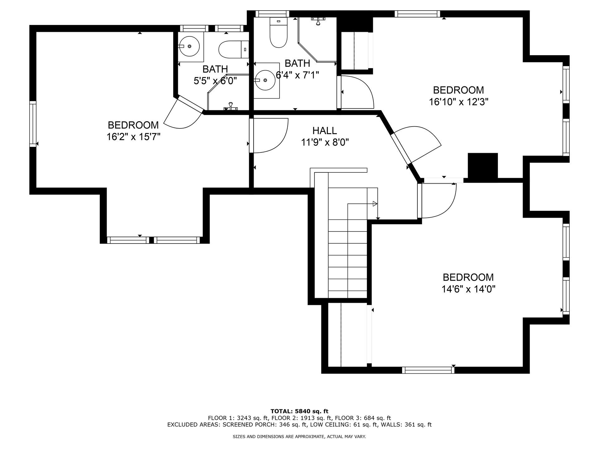 Floor plan of a house with four bedrooms, a bathroom, and a hallway. Black outline on a white background.