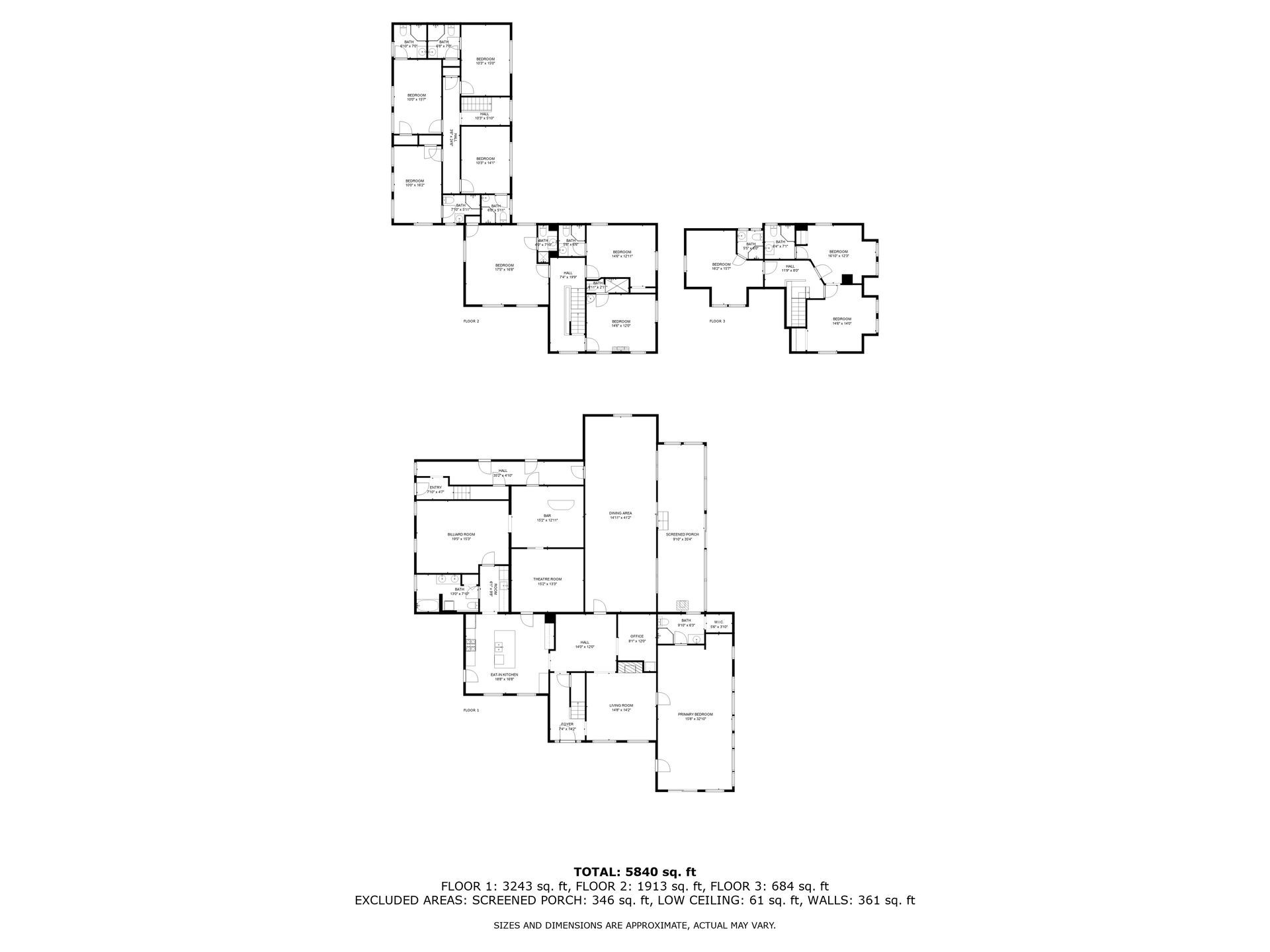 Floor plan layout of a multi-level residential house, showing rooms and features.