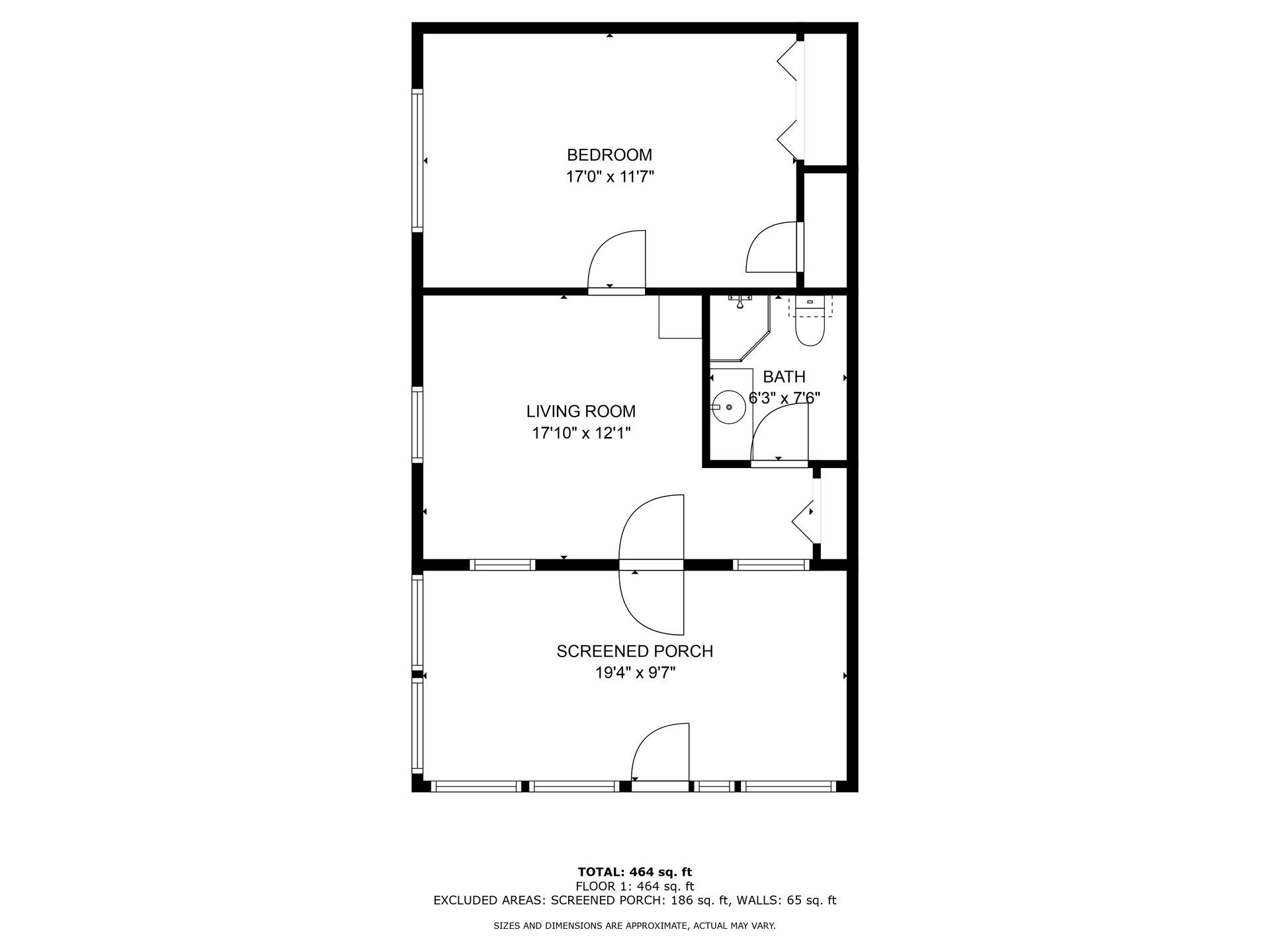 Floor plan of a narrow, three-room dwelling: covered porch, living room, bedroom, and bath.