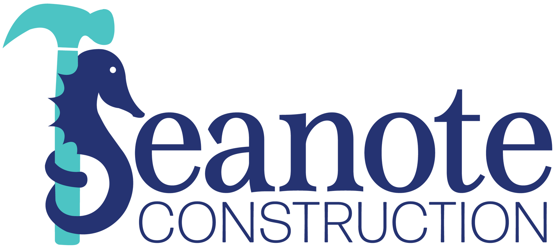 a logo for seanote construction with a seahorse and hammer .
