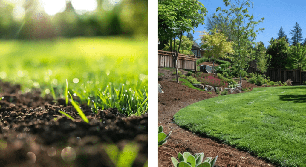 A picture of a lawn and a picture of a garden.