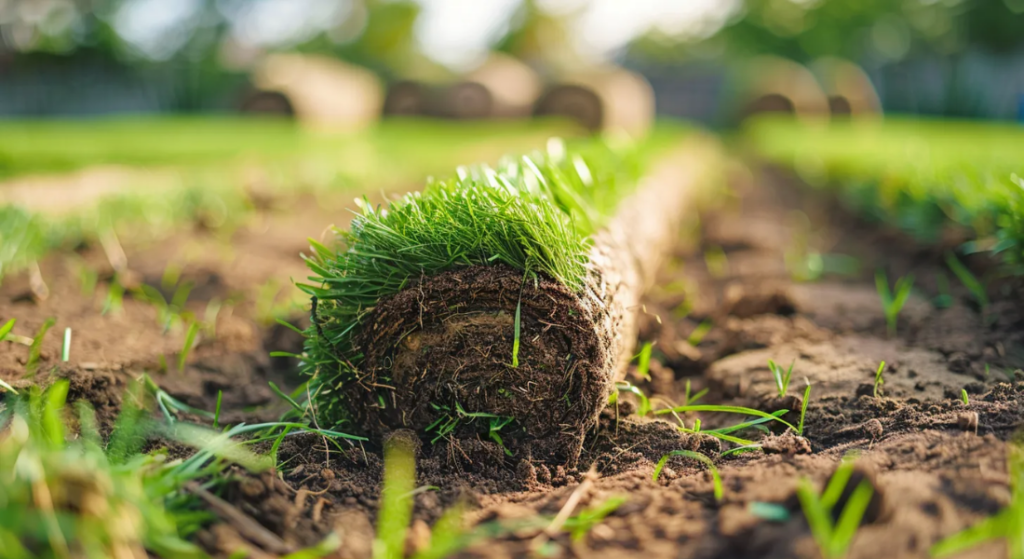 A roll of grass is sitting in the dirt in a field.