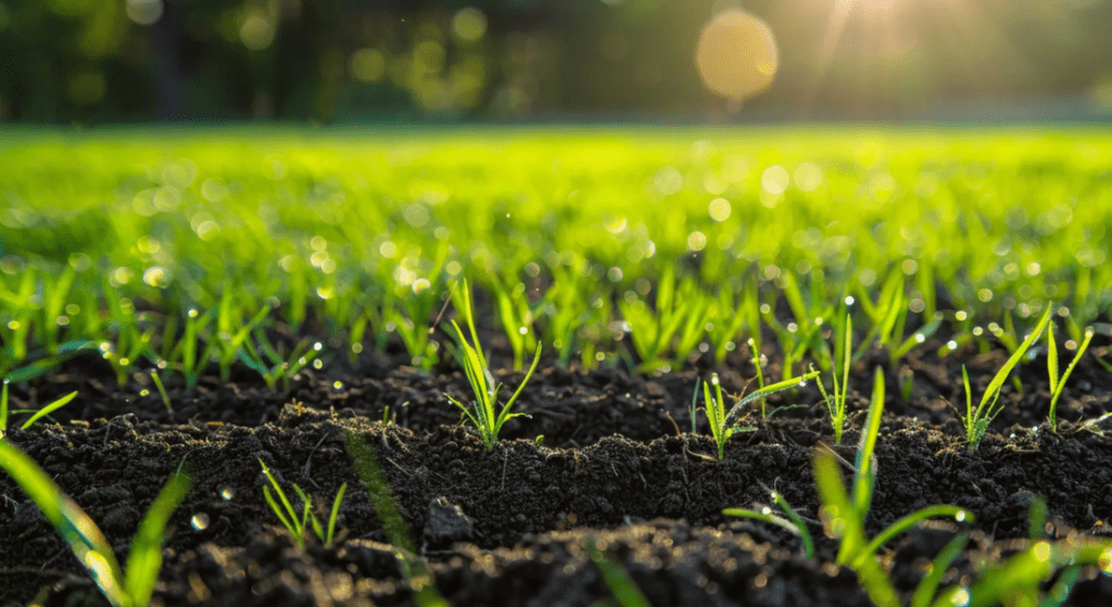 A close up of a field of grass growing out of the ground.