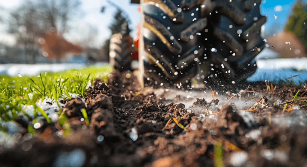 A tractor is driving through a muddy field.