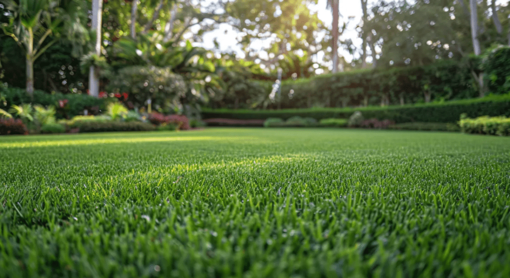 A close up of a lush green lawn with trees in the background.