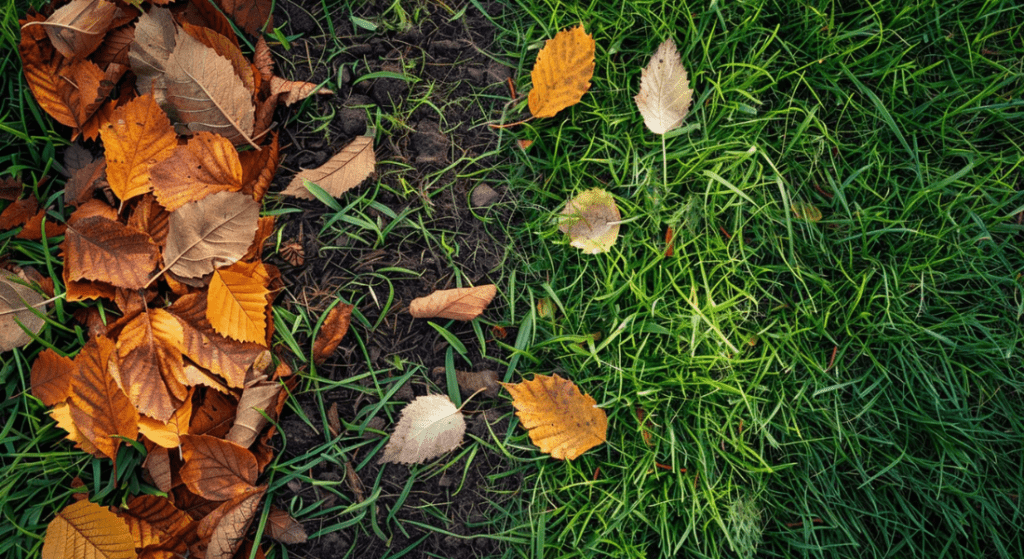 A pile of leaves laying on top of a lush green lawn.