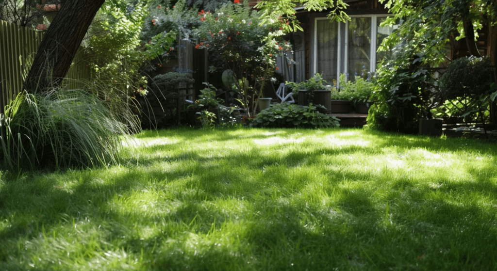 A lush green yard with a house in the background.