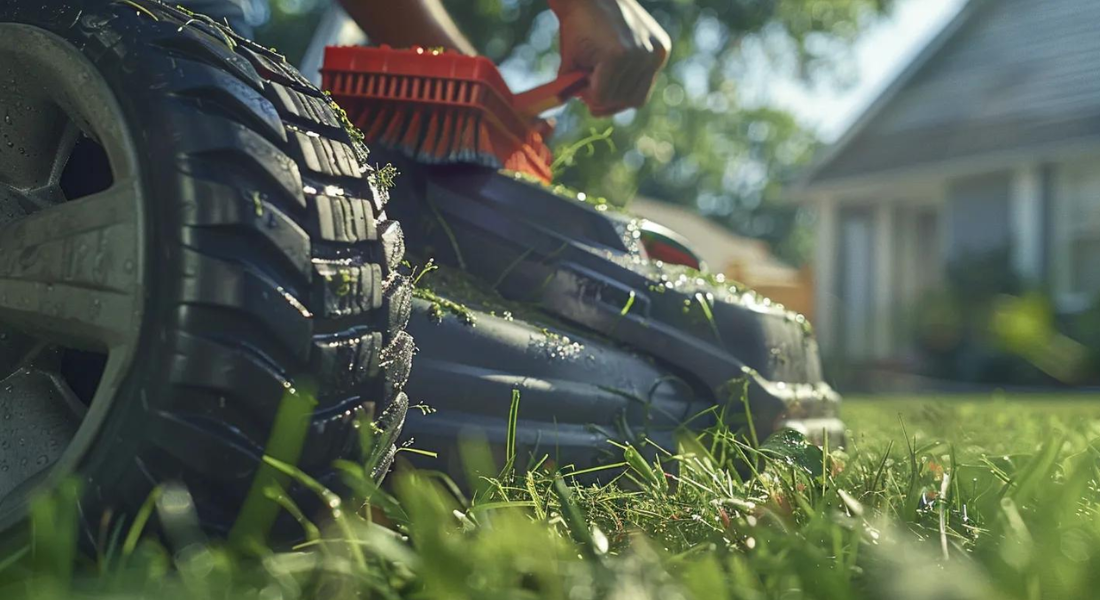 Mowing machine on the wet grass