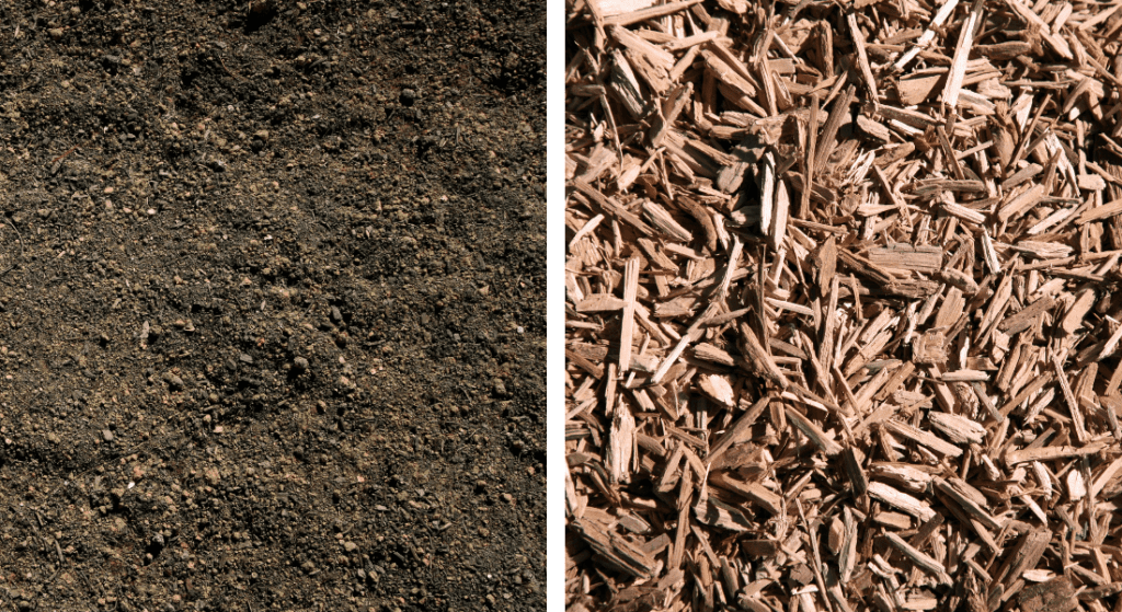 A pile of dirt next to a pile of wood chips.