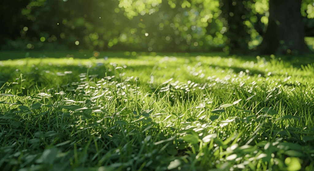 The sun is shining through the trees on a lush green field.